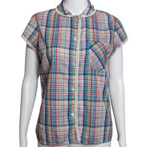 Vintage 70s Rainbow Plaid Button Up Blouse with Lace Trim